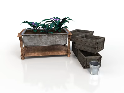 Purple Flowering Plants In Metal Planter On Wooden Stand With Wooden Crates And Metal Bucket 3d model