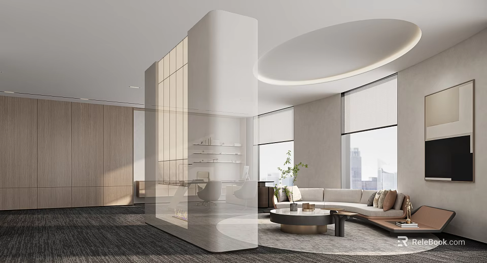 Modern Lounge Area With Sofa Coffee Table Plants Large Windows Wooden Wall And Glass Partition 3d model 