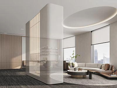 Modern Lounge Area With Sofa Coffee Table Plants Large Windows Wooden Wall And Glass Partition 3d model