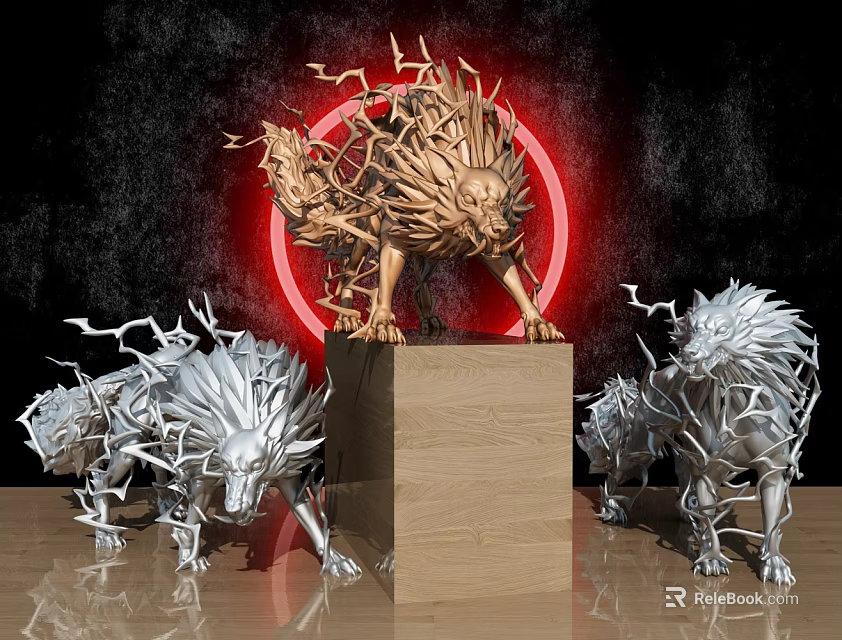 Golden Lion Sculpture Carving On Wooden Base With Silver Wolf Sculptures And Red Circle Background 3d model 