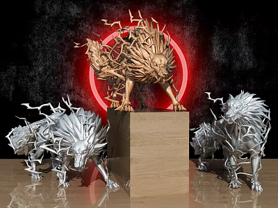 Golden Lion Sculpture Carving On Wooden Base With Silver Wolf Sculptures And Red Circle Background 3d model