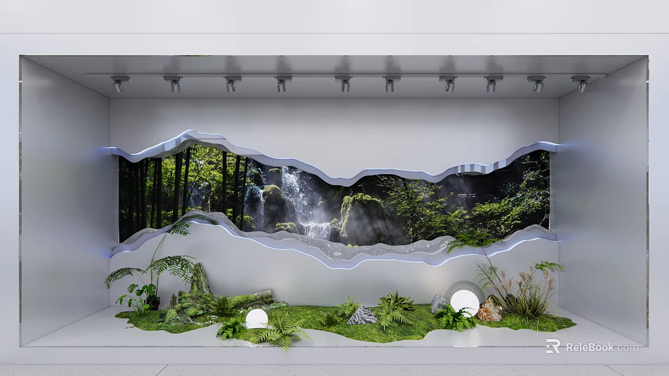 Modern Store Window Display With Greenery Lighting And Stylish Decorative Elements 3d model 