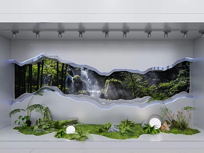 Modern Store Window Display With Greenery Lighting And Stylish Decorative Elements 3d model