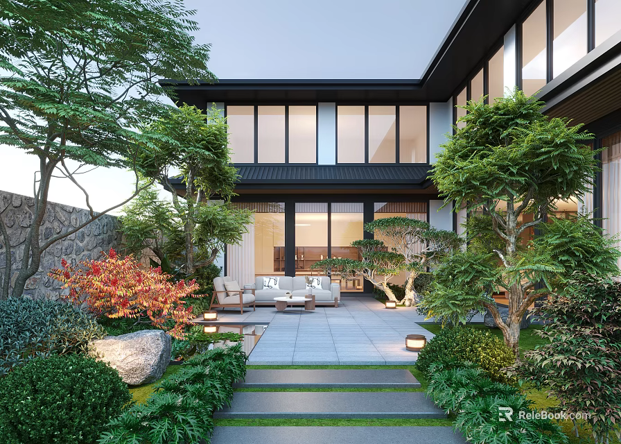 Modern Courtyard Garden Design With Trees Stone Pathway Outdoor Furniture Decorative Stones And Greenery 3d model 