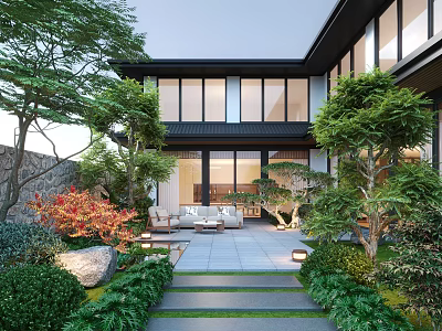 Modern Courtyard Garden Design With Trees Stone Pathway Outdoor Furniture Decorative Stones And Greenery 3d model