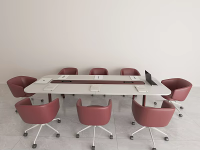 Modern Conference Room With Long Table Red Chairs And Laptop Against White Walls 3d model