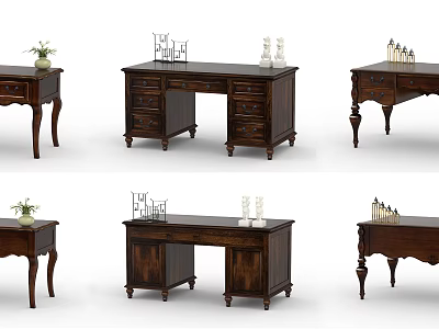 Classic Wooden Desk With Drawers Carved Legs And Decorative Items 3d model