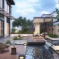 Modern Courtyard Garden With Wooden Deck Water Pool Fountain Green Plants Outdoor Furniture And Lighting