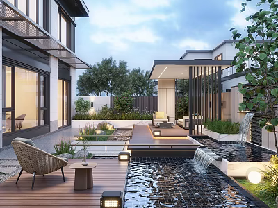 Modern Courtyard Garden With Wooden Deck Water Pool Fountain Green Plants Outdoor Furniture And Lighting 3d model