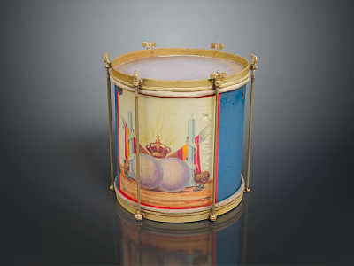 Decorative Musical Drum With Golden Trim White Head And Intricate Painted Artwork 3d model