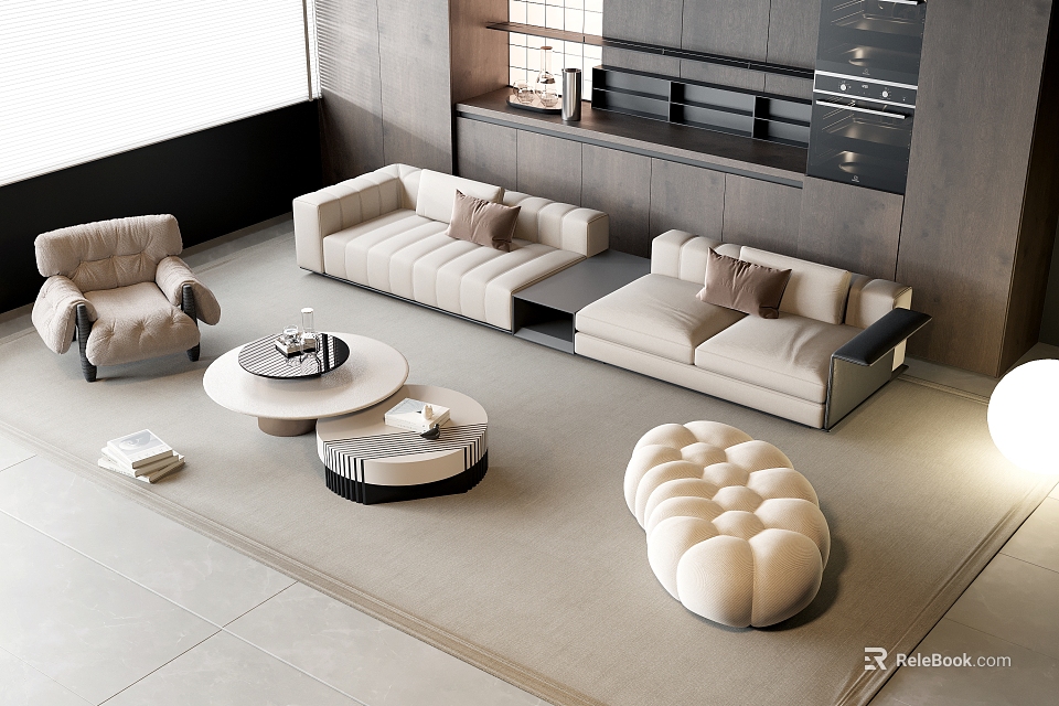 Modern Beige Living Room Interior With L Shaped Sofa Coffee Table Set Armchair And Ottoman 3d model 