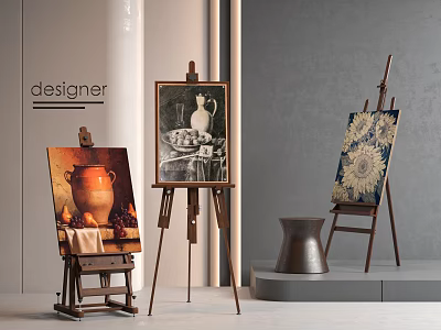 Art Easels With Still Life Paintings Sunflowers Clay Pots And Bronze Vase In Designer Space 3d model