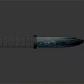 Knife With Black Handle And Blue Patterned Blade On Gray Background With Shadow