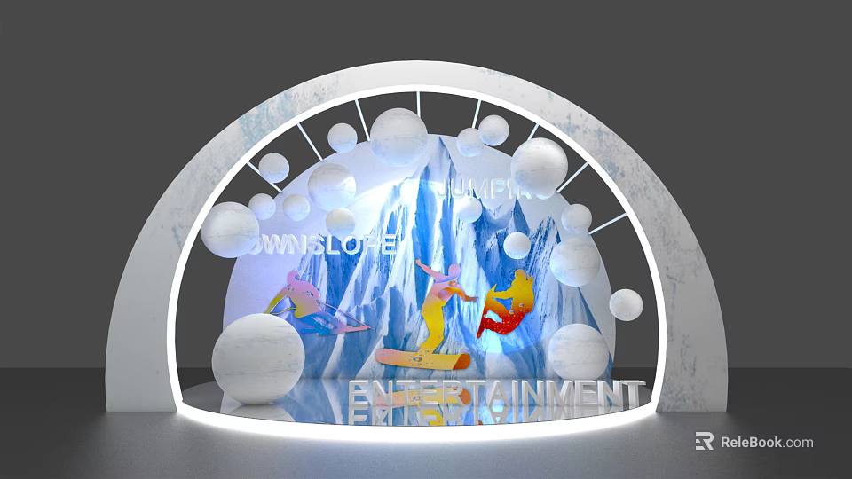 Arched Entertainment Display With SWISLOVE Sign Colorful Silhouettes And White Balls 3d model 