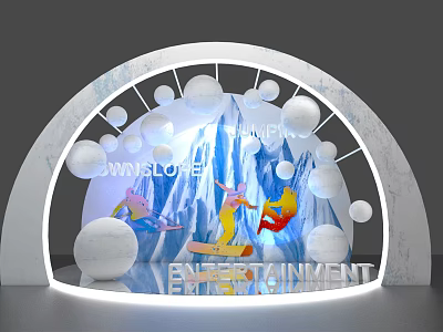Arched Entertainment Display With SWISLOVE Sign Colorful Silhouettes And White Balls 3d model