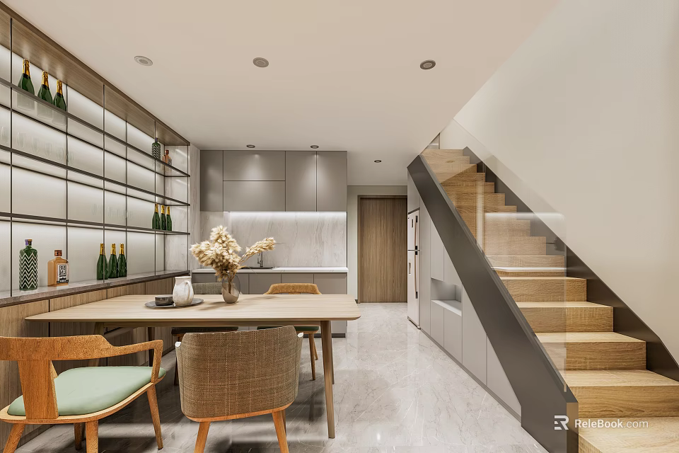 Modern Apartment Interior With Open Dining Area And Wooden Staircase Design 3d model 