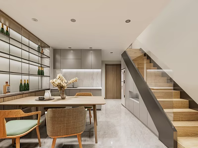 Modern Apartment Interior With Open Dining Area And Wooden Staircase Design 3d model