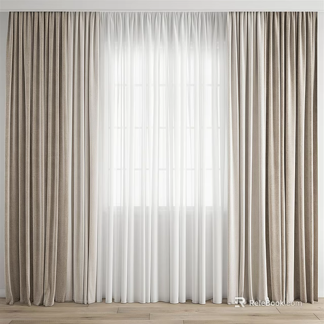 Beige Curtains With White Sheer Panels For Window Natural Light Home 3d model 