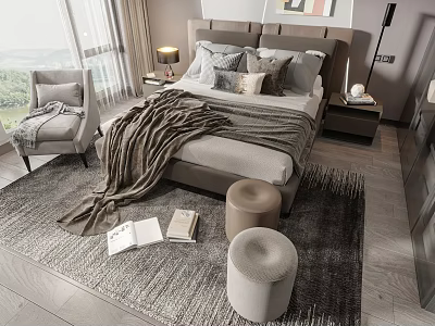 Modern Gray Double Bed With Pillows Blanket Lamp Accent Chair Rug Ottomans And Natural View 3d model