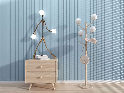 Stylish Tree Shaped Clothes Hanger With Wooden Cabinet And Blue Wall Home Decor 3d model