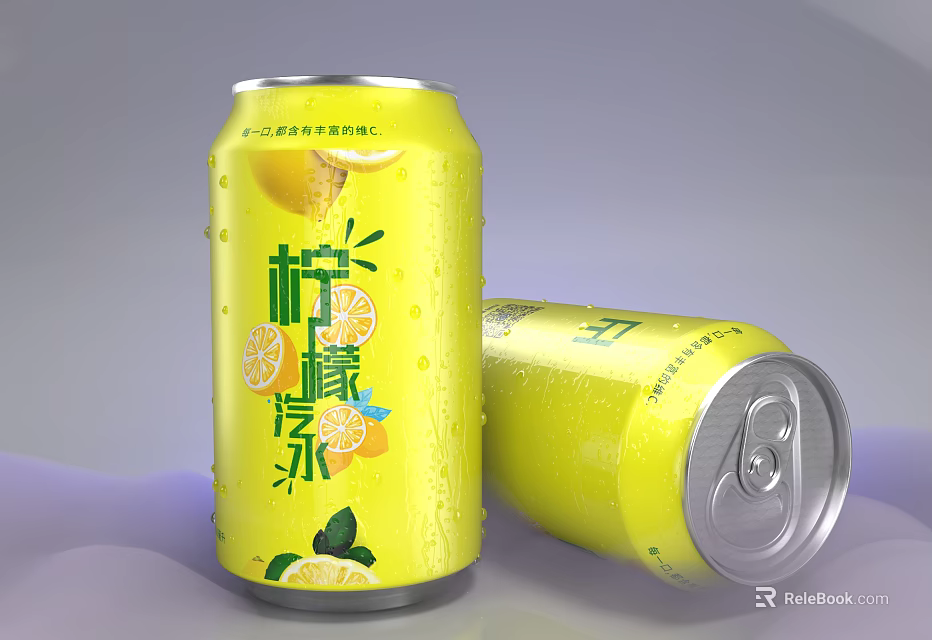 Yellow Canned Lemonade With Lemon Slices And Mint Leaves On Soft Background 3d model 