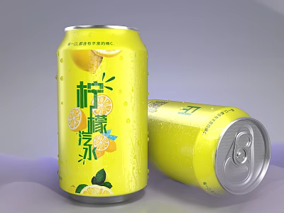 Yellow Canned Lemonade With Lemon Slices And Mint Leaves On Soft Background 3d model