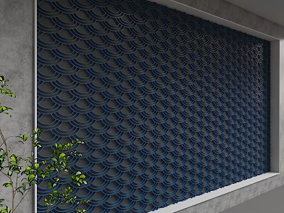 Blue Scalloped Pattern Background Wall With Green Plants And Concrete Frame 3d model