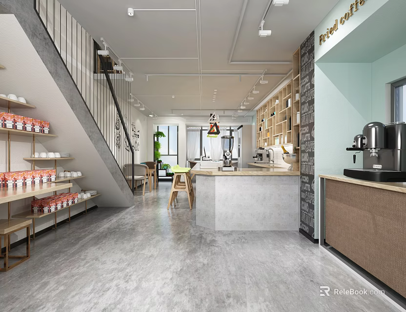 Modern Coffee Shop Interior With Staircase Bookshelves Bar Counter And Coffee Machine Seating Area 3d model 