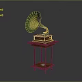 Vintage Gramophone With Green Horn And Wooden Base On Table Stand