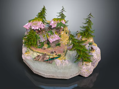 Cartoon Scene with Small Houses Pink Roofs Pine Trees Green Grass and Path 3d model