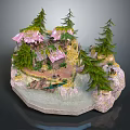 Cartoon Scene with Small Houses Pink Roofs Pine Trees Green Grass and Path