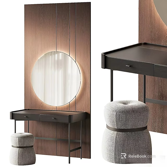 Modern Dressing Table With Round Backlit Mirror Wooden Frame And Soft Upholstered Stool 3d model