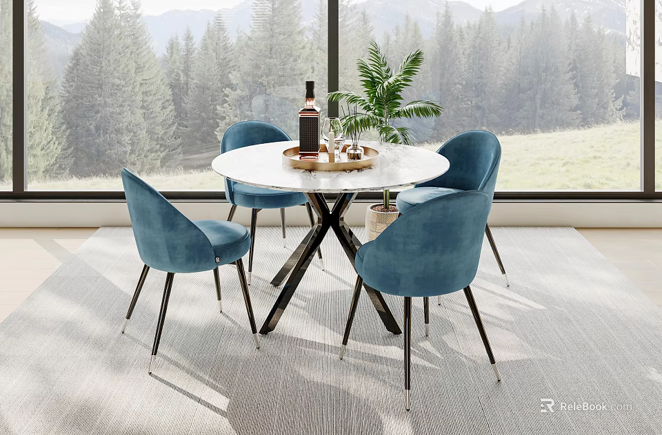 Round White Dining Table Set With Four Blue Velvet Chairs And Mountain Forest View 3d model