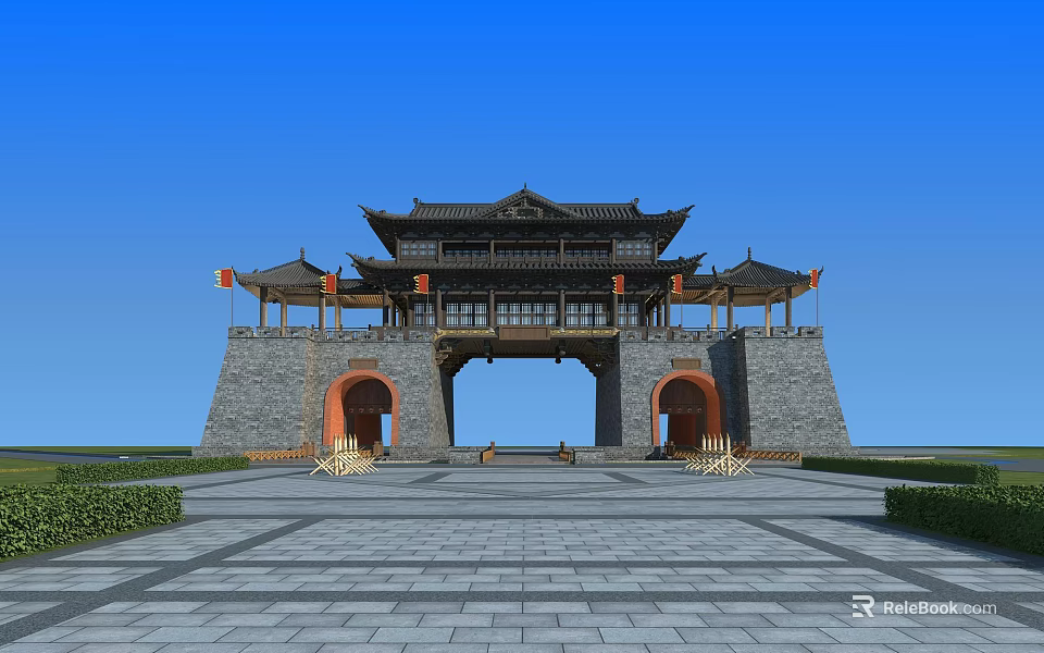 Traditional Chinese Ancient Gate With Stone Walls Arched Doorway Eaves Roof And Square Plaza 3d model 