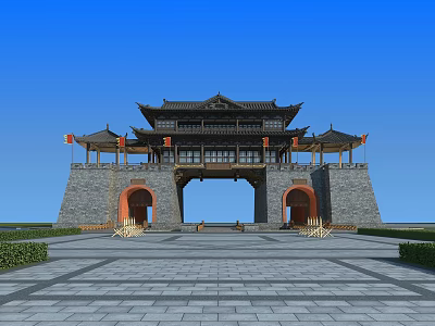 Traditional Chinese Ancient Gate With Stone Walls Arched Doorway Eaves Roof And Square Plaza 3d model