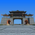Traditional Chinese Ancient Gate With Stone Walls Arched Doorway Eaves Roof And Square Plaza