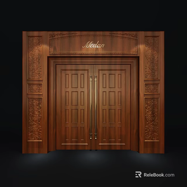 Elegant Wooden Double Doors With Intricate Carved Panels And Metal Handles 3d model 