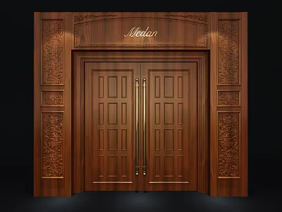 Elegant Wooden Double Doors With Intricate Carved Panels And Metal Handles 3d model
