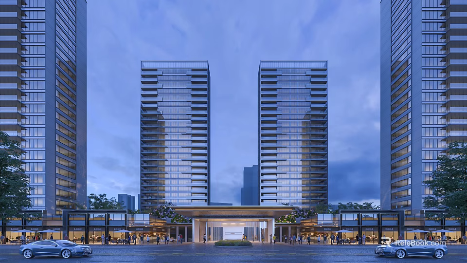 Modern Twin High Rise Residential Buildings With Entrance Landscaping And Evening Sky 3d model 