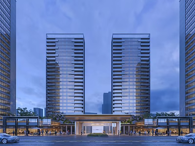 Modern Twin High Rise Residential Buildings With Entrance Landscaping And Evening Sky 3d model