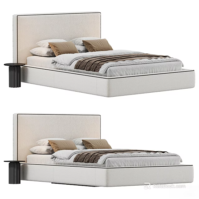 Modern Upholstered Double Bed With White Mattress Brown Pillows And Black Bedside Table 3d model 