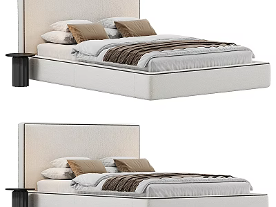 Modern Upholstered Double Bed With White Mattress Brown Pillows And Black Bedside Table 3d model