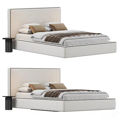 Modern Upholstered Double Bed With White Mattress Brown Pillows And Black Bedside Table 3d model