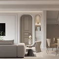 Modern Dining Room Interior With Oval Illuminated Light Fixture Gray Cabinet And Green Plant
