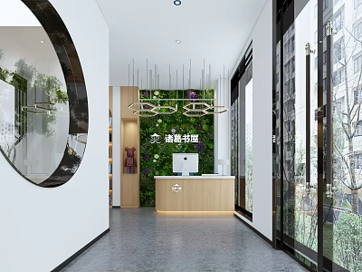 Book Art Entrance With Green Plant Wall Circular Mirror And Reception Desk 3d model