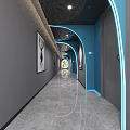 Modern Elevator Corridor With Blue Neon Lights Polished Floor And Decorative Wall Art
