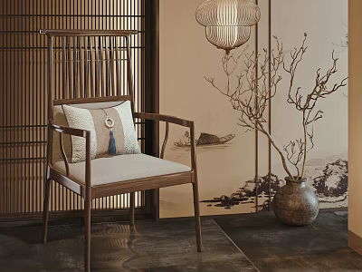 Chinese Style Single Chair with Wooden Frame and Decorative Tassel Cushion in Oriental Interior 3d model