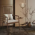 Chinese Style Single Chair with Wooden Frame and Decorative Tassel Cushion in Oriental Interior