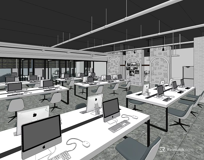 Modern Public Office Space With Open Layout Workstations Desks Computers And Ergonomic Chairs 3d model 