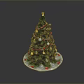 Decorative Christmas Tree With Green Branches Star Top Red Ribbons And Ornaments